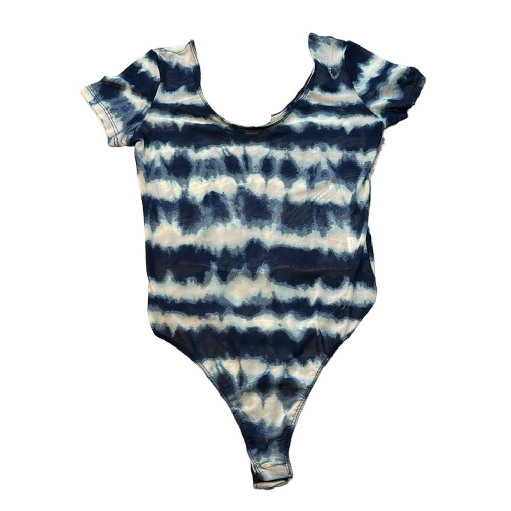 Eye Candy | Mesh Sheer Tie Dye Bodysuit in Blue & White Size L Large